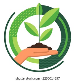 Plant in Hand - Save the planet pattern for presentation decoration. Emblem for recycling program and other Environmental protection initiative