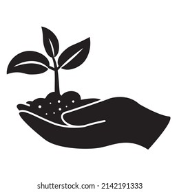 Plant in hand. Soil sprout in hand.Planting sapling. Male farmer gardener holding sprout in hand.Black silhouette vector flat illustration. Isolated on white background.