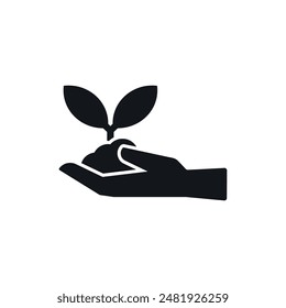 Plant in Hand Vector Agricultural Black Symbol on White Background. Ecology Flat Icon. Leaves, Soil and Palm Elements for Agro, Farming and Livestock Business.