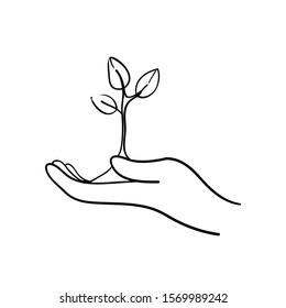 Plant in hand. Vector icon with hand drawn doodle cartoon style isolated on white background