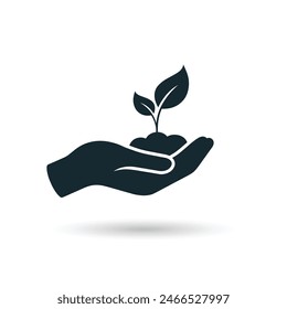 Plant in hand vector icon. Leaf nature icon flat. Leaf and hand, care nature icon vector