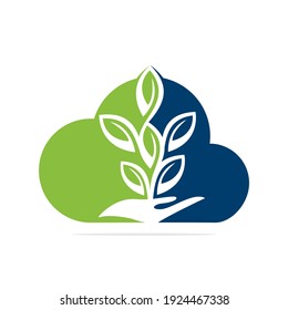 Plant in Hand Vector Logo Design. Natural Products in Cloud Shape. Cosmetics and Spa logo.