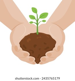 Plant in hand vector on white background. Plant in hand. Green energy and sustainable lifestyle concept. Save the planet vector ecology illustration. Vector illustration in flat style