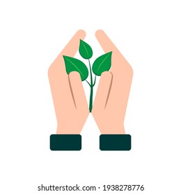 Plant in hands in flat style. Hand drawn vector. Sketch illustration. Vintage nature illustration. Stock image. EPS 10.