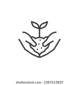 Plant in hands line icon. linear style sign for mobile concept and web design. Hands holding soil with plant outline vector icon. Agriculture symbol, logo illustration. Vector graphics