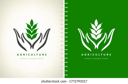 The plant in the hands logo. Caring for nature. Logo of agriculture.