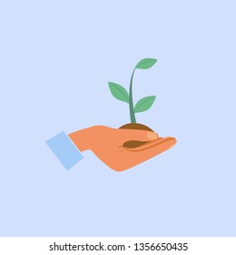 Plant in the hands of man. Vector illustration on the theme of ecology and nature protection.