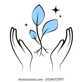 Plant in hands on white background. Doodle