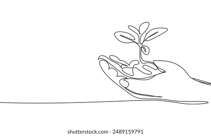 Plantar en las manos una línea continua. Brote de arte en línea en las manos. Arte vectorial dibujado a mano.