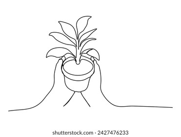 Plant in hands one line drawing vector illustration.