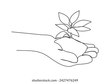 Plant in hands one line drawing vector illustration.