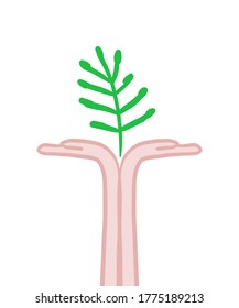 Plant in hands vector illustration in cartoon doodle style. Care support holding arms