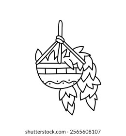 Plant in a hanging pot. Black and white illustration, hand drawn coloring.