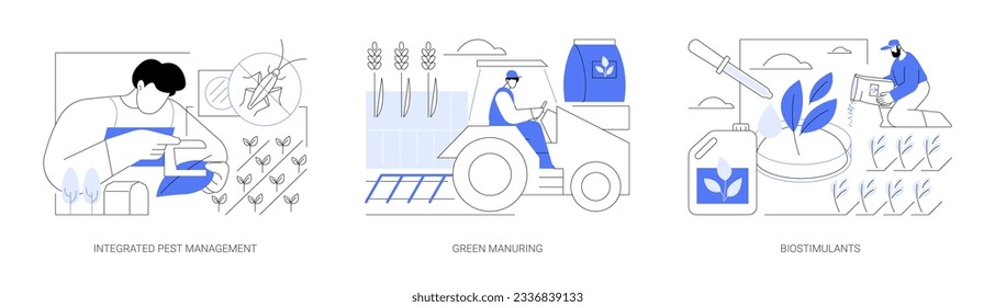 Plant health products abstract concept vector illustration set. Integrated pest management, green manuring in sustainable agriculture, biostimulants for plants growing abstract metaphor.