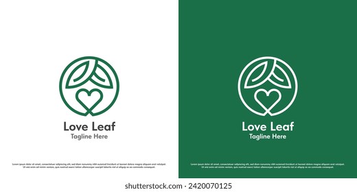 Plant heart nature circle logo design illustration. Silhouettes of love leaves, tree trunks, roots, plant bio eco green, natural garden. Simple minimal geometric minimalist fresh exotic icon.