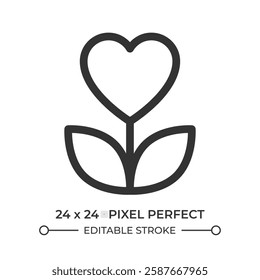 Plant with heart shaped flower line ui icon. Love to nature expression. Botanical romance atmosphere. Isolated vector outline symbol. Webdesign user interface element linear, pixel perfect