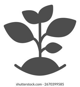 Planta en el agujero con el icono sólido del suelo, concepto de la estación de la primavera. Gráficos de Vector. Brote en tierra, signo de jardinería sobre fondo blanco, icono de estilo de glifo para móvil o Diseño web