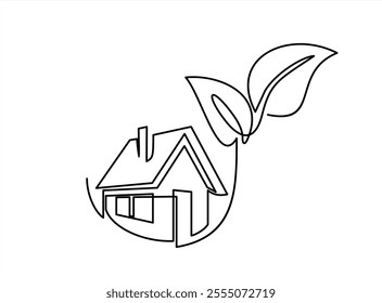 Plant and house in continuous one line art style. Concept of eco green house. Simple vector illustration	