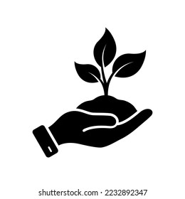 Plant in Human Hand Silhouette Icon. Growth Eco Tree Environment Glyph Pictogram. Ecology Organic Seedling Sign. Flower Leaf Care in Palm Symbol. Agriculture Concept. Isolated Vector Illustration.