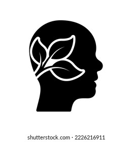 Plant in Human Head Silhouette Icon. Leaf and Person Brain Environment Concept Glyph Pictogram. Tree Branch Ecology Idea, Eco Thinking Icon. Green Nature Mind Symbol. Isolated Vector Illustration.