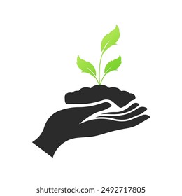 Plant Icon. Hand holds the plant. Silhouette and flat styles. Vector icon.