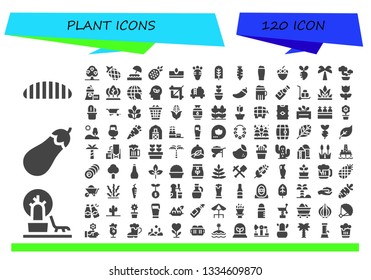 plant icon set. 120 filled plant icons.  Simple modern icons about  - Caterpillar, Landscape, Eggplant, Tree, Pineapple, Island, Sow, Radish, Beer, Acorn, Turnip, Palm tree, Bonsai