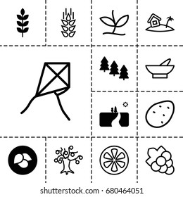 Plant icon. set of 13 filled and outline plant icons such as wheat, leaf, pine tree, landscape, potato, bowl, grape, lemon, home on island, plant, money tree