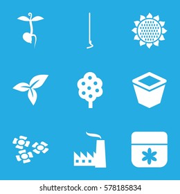 plant icon. Set of 9 plant filled icons such as sunflower, tree, flower, hoe, pot for plants, sprout, leaf