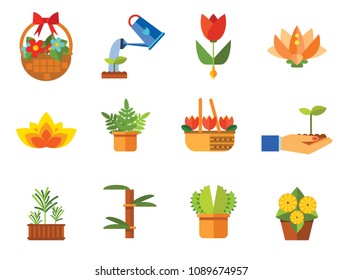 Plant Icon Set. Basket With Flowers Wheat Ears Watering Plant In Flowerpot Flowers In Pot Tulips In Basket Tulip Lotus Exotic Flower Hand Holding Plant Boston Fern Rosemary Bamboo