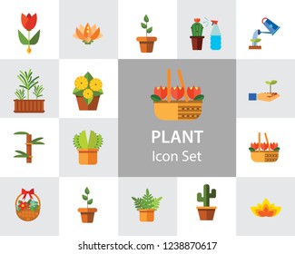 Plant Icon Set. Basket With Flowers Wheat Ears Watering Plant In Flowerpot Flowers In Pot Tulips In Basket Tulip Lotus Exotic Flower Hand Holding Plant Boston Fern Rosemary Bamboo