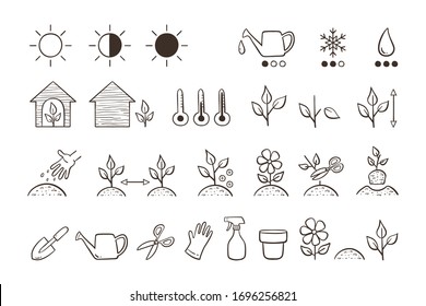 Plant icon set. Collection of icons for descripting the characteristics and needs of each type of plant. Doodle vector icons isolated on white background.