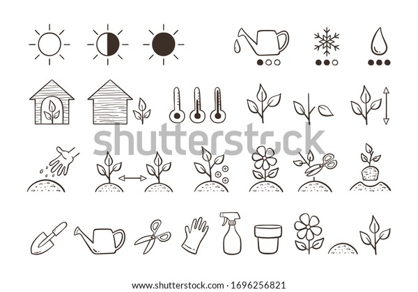 Plant icon set. Collection of icons for\
descripting the characteristics and needs of each type of plant.\
Doodle vector icons isolated on white\
background.