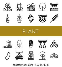 plant icon set. Collection of Tree, Plant, Gardener, Growth, Flower bouquet, Hose, Seeder, Wheat, Industry, Eggplant, Robot arm, Cactus, Tank, Irrigation system, Mistletoe icons