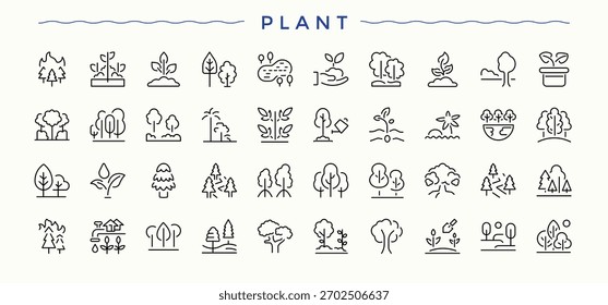 Conjunto de iconos de planta en estilo lineal. Colección de ícono de planta. Paquete de iconos de contorno. Contiene la jardinería lineal de la muestra, granja, agro, cosecha, jardín, tierra y más. Trazo editable.