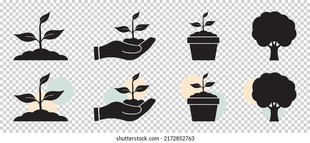 Icono De Planta Con Árbol, Pota Y Mano Abierta - Diferentes Ilustraciones Vectoriales Aisladas En Fondo Transparente