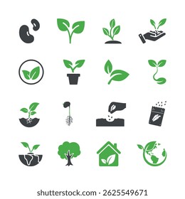 Plant icon. Simple plant growing icons set. Spring growth stage, seeds, seedling, drought, soil testing, agriculture vector illustration. Signs for gardening.
