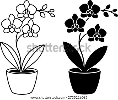 Plant icon, vector illustration of orchid in pot, black and white in outline and silhouette design versions