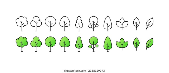 Plant icons. Different styles, color, trees and leaves, natural plants. Vector icons