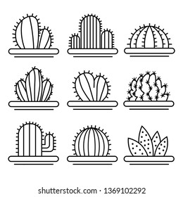 Plant icons seamless pattern BLACK vector on white background. Collection Of cactus, cacti