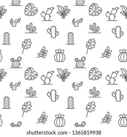 Plant icons seamless pattern grey vector on white background. Collection Of cactus, cacti, monstera, bough, leaf.
Template for design fabric, backgrounds, wrapping paper.