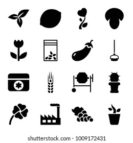 Plant icons. set of 16 editable filled plant icons such as mushroom, eggplant, concrete mixer, seed bag, leaf, heart flower, factory, cactus, clover, flower, wheat, grape, hoe