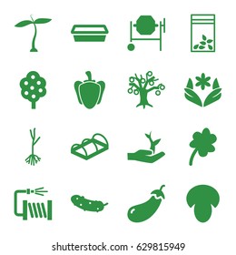 Plant icons set. set of 16 plant filled icons such as plant, mushroom, eggplant, tree, flower, clover, concrete mixer, cucumber, water hose, sprout, greenohuse, seed bag