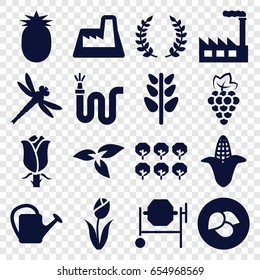 Plant icons set. set of 16 plant filled icons such as plant, leaf, grape, corn, tree, concrete mixer, watering can, water hose, rose, factory, olive branch, pineapple, flower