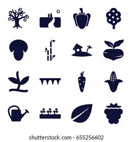 Plant icons set. set of 16 plant filled icons such as mushroom, carrot, mulberry, beet, corn, tree, leaf, bamboo, plowing tool, watering can, sprout plants, pepper
