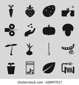 Plant icons set. set of 16 plant filled icons such as mushroom, pumpkin, potato, onion, peas, hand with seeds, leaf, hoe, water hose, seed bag, carrot, strawberry, landscape