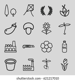 Plant icons set. set of 16 plant outline icons such as plant, mushroom, eggplant, oil, cutter, pot for plants, flower, sprout, tree, factory, olive branch