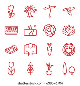 Plant icons set. set of 16 plant outline icons such as plant, onion, cabbage, flower, pot for plants, greenohuse, carrot, tomato, heart flower, tree, landscape, electricity