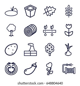 Plant icons set. set of 16 plant outline icons such as wheat, hay, leaf, potato, onion, eggplant, tree, factory, water hose, pot for plants, tomato, heart flower, flower, pond