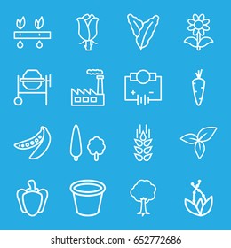 Plant icons set. set of 16 plant outline icons such as wheat, carrot, spinach, concrete mixer, pot for plants, flower, tree, rose, leaf, pepper, peas, electricity, plant