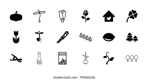 Plant icons. set of 18 editable filled and outline plant icons: flower, garden tools, sprout, lemon, clover, eco house, plant, pine tree, rose, seed bag, pumpkin, onion, tree